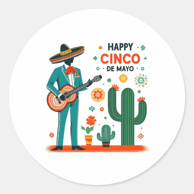 Pegatina Redonda Mariachi Celebration – Happy Cinco de Mayo (Anverso)