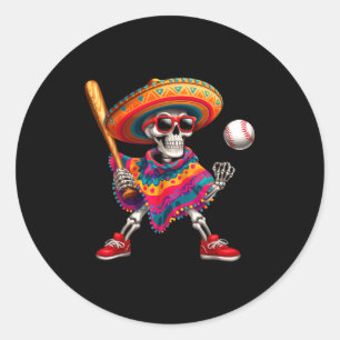 Pegatina Redonda Mariachi esqueleto béisbol cinco de mayo mexicano