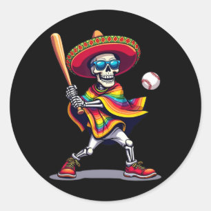 Pegatina Redonda Mariachi Skeleton Baseball Cinco De Mayo Mexicano