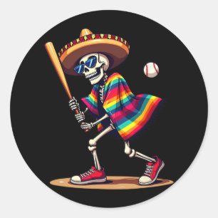 Pegatina Redonda Mariachi Skeleton Baseball Cinco De Mayo Mexicano 