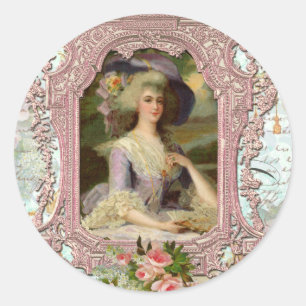 Pegatina Redonda Marie Antoinette en marco rosa