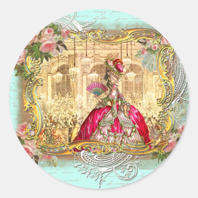 Pegatina Redonda Marie Antoinette Fiesta en Versalles en Aqua (Anverso)