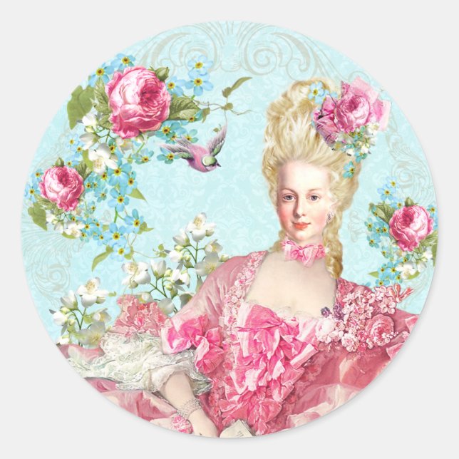 Pegatina Redonda Marie Antoinette,French,Paris,pink,roses,portrait (Anverso)