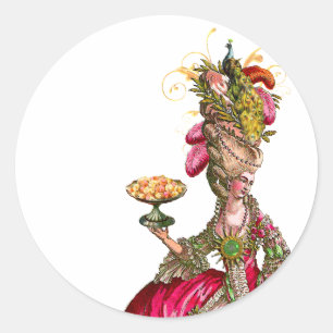 Pegatina Redonda Marie Antoinette pavo real y torta