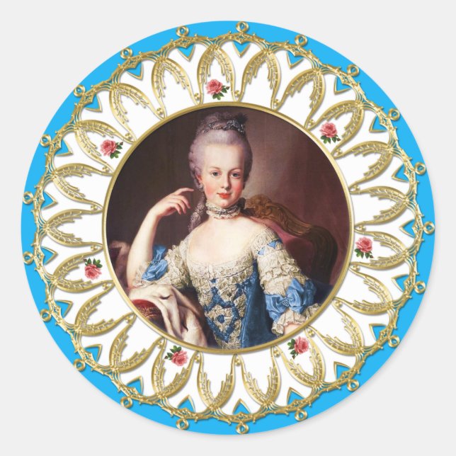 Pegatina Redonda Marie Antoinette Sticker Blue Rose Gold Flame (Anverso)
