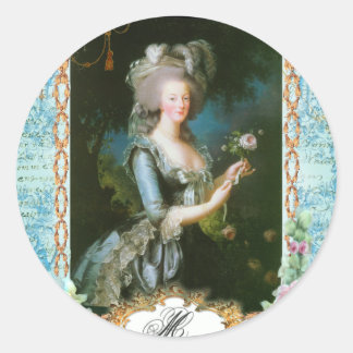Pegatina Redonda Marie Antoinette y rosas rosadas