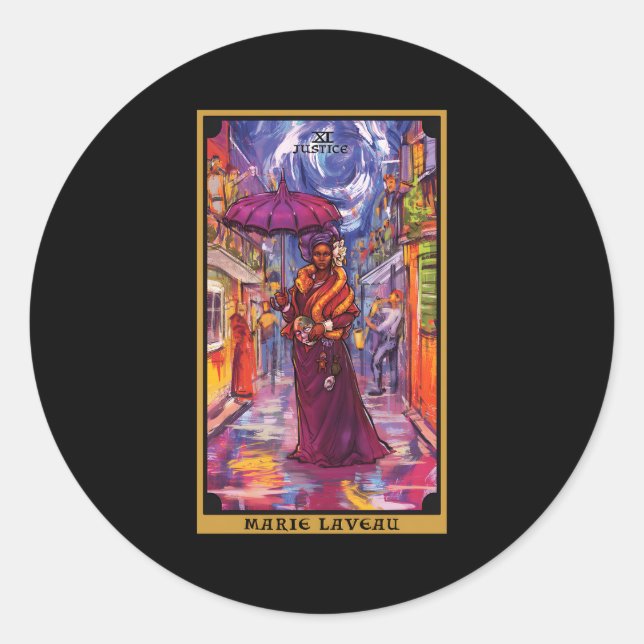 Pegatina Redonda Marie Laveau Justice Tarot Card Voodoo Witch New O (Anverso)