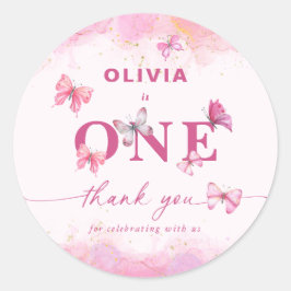 Pegatina Redonda Mariposa 1er cumpleaños Dorado rosado Gracias