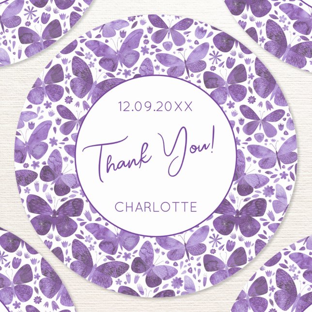 Pegatina Redonda Mariposa Acuarela Púrpura Gracias Nombre Fecha (Pretty purple butterfly pattern thank you personalized name date sticker)