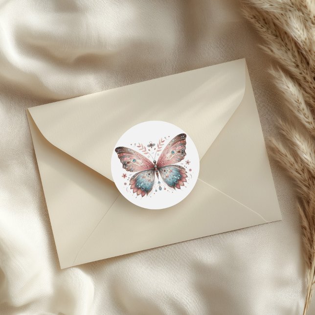 Pegatina Redonda Mariposa Acuarela Rosa y Azul Boho (Boho Pink & Blue Watercolor Butterfly Classic Round Sticker on an elegant envelope.)