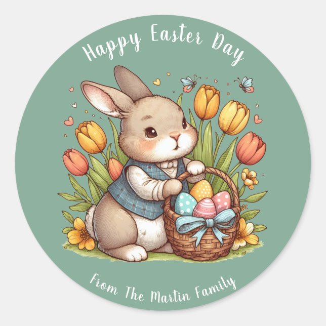 Pegatina Redonda Mariposa, amapola, conejo Feliz Día de Pascua (Anverso)