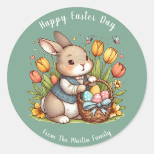 Pegatina Redonda Mariposa, amapola, conejo Feliz Día de Pascua