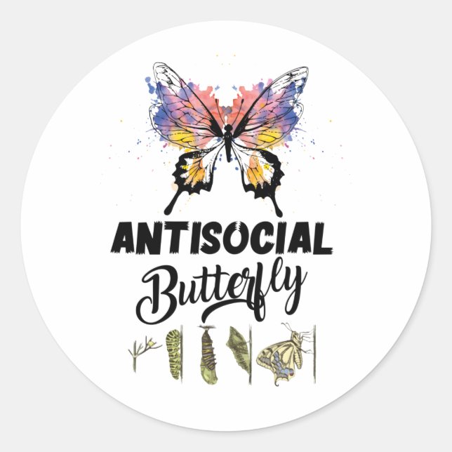 Pegatina Redonda Mariposa Antisocial Introvert con problemas (Anverso)