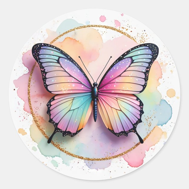 Pegatina Redonda Mariposa Arcoíris de Pastel Salpicadura de Círculo (Anverso)