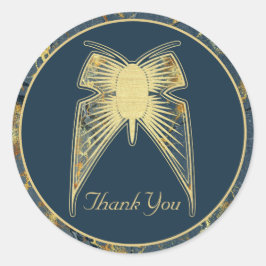 Pegatina Redonda Mariposa Art Decó "Gracias" Marble de oro azul