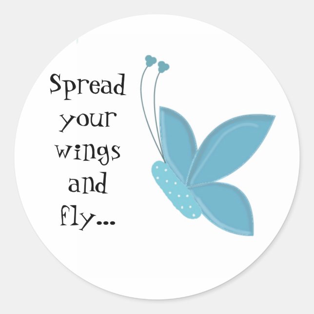 Pegatina Redonda Mariposa Azul con Frase (Anverso)