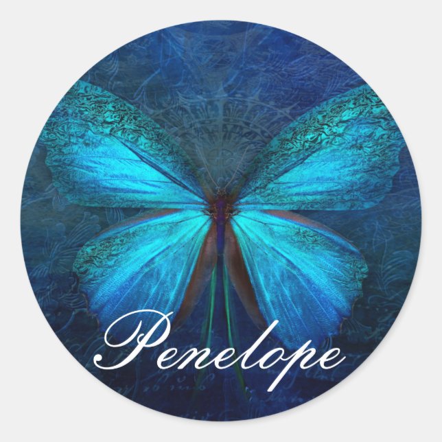 Pegatina Redonda Mariposa azul de alegría y suerte (Anverso)