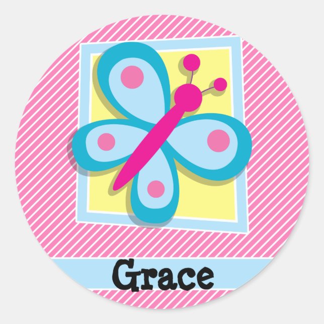 Pegatina Redonda Mariposa azul en franjas rosadas y blancas (Anverso)