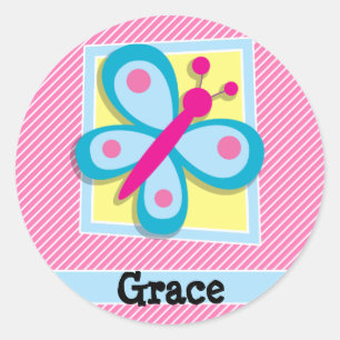 Pegatina Redonda Mariposa azul en franjas rosadas y blancas