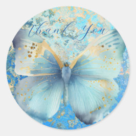 Pegatina Redonda Mariposa azul romántico gracias