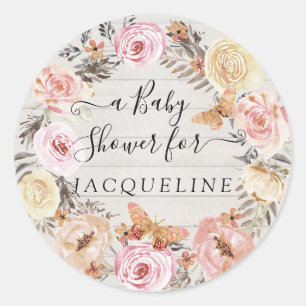 Pegatina Redonda Mariposa Boho Pink White Wood Flor Bebé