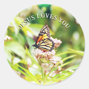 Pegatina Redonda Mariposa Bonita Jesús Te Ama Floral Cristiano