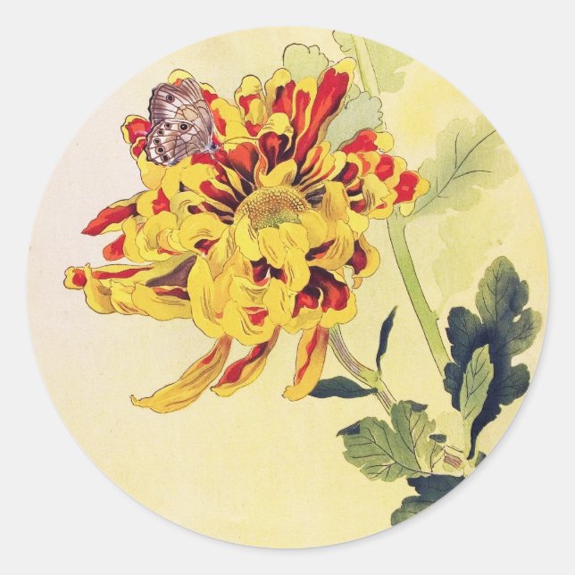 Pegatina Redonda Mariposa clásica del crisantemo del ukiyo-e del (Anverso)