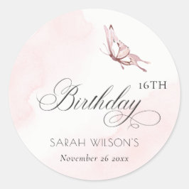 Pegatina Redonda Mariposa color de agua rosada Rubor Cualquier cump