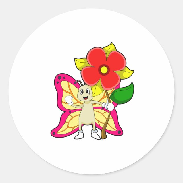 Pegatina Redonda Mariposa con flor (Anverso)