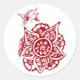 Pegatina Redonda Mariposa con flor (Henna) (Rojo)
