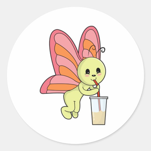 Pegatina Redonda Mariposa con paja para beber y beber (Anverso)