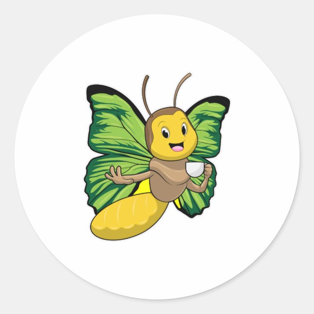 Pegatina Redonda Mariposa con taza de café (Anverso)