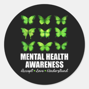 Pegatina Redonda Mariposa Concienciación en Salud Mental Acepta Amo
