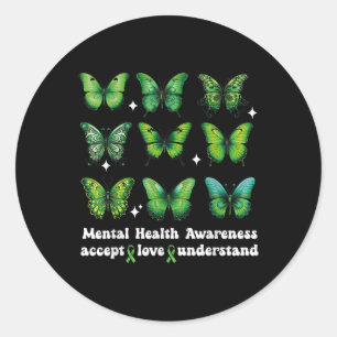 Pegatina Redonda Mariposa Concienciación en Salud Mental Acepta Amo