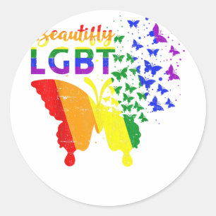 Pegatina Redonda Mariposa de bandera arcoiris LGBT
