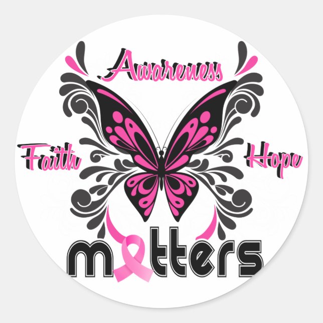 Pegatina Redonda Mariposa de cáncer de mama 7 (Anverso)