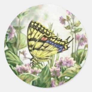 Pegatina Redonda Mariposa de cola torta en pintura de nomeolvides