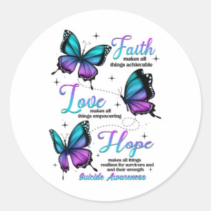 Pegatina Redonda Mariposa de Conciencia sobre el Suicidio Fe Amor E