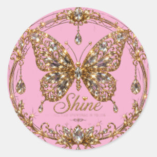 Pegatina Redonda Mariposa de cristal dorado brillo lujo joyería art