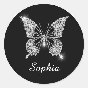 Pegatina Redonda Mariposa de diamante blanco, nombre de guión blanc