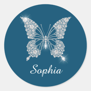 Pegatina Redonda Mariposa de Diamante Blanco, Nombre de Letra, Azul