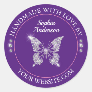 Pegatina Redonda Mariposa De Diamante, Hecha A Mano Con Amor Púrpur