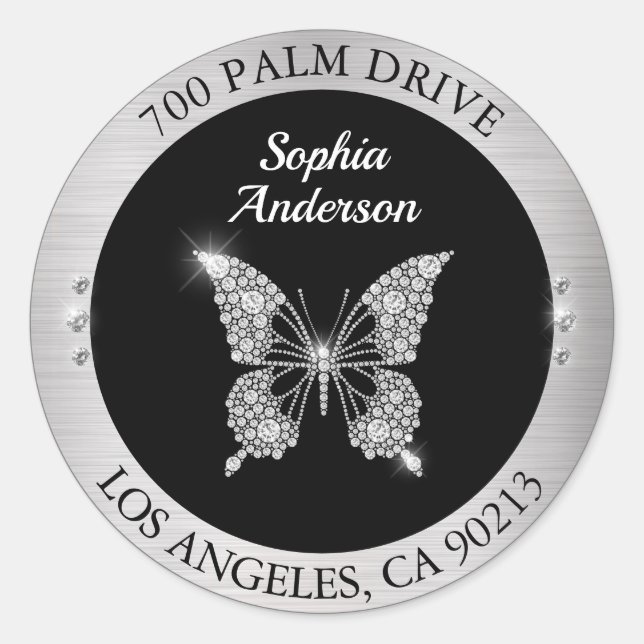 Pegatina Redonda Mariposa de diamantes, dirección de devolución de  (Anverso)