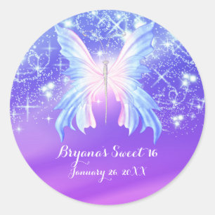 Pegatina Redonda Mariposa de Fantasía Rosa y Purpura Brillo