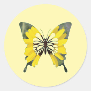 Pegatina Redonda Mariposa de flor de girasol amarillo brillante