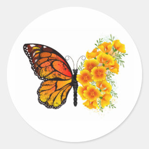 Pegatina Redonda Mariposa de flores con amapola amarilla de Califor