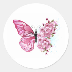 Pegatina Redonda Mariposa de flores con Sakura rosa