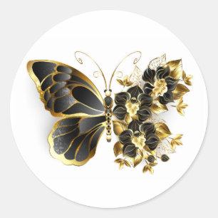 Pegatina Redonda Mariposa de flores de oro con orquídea negra