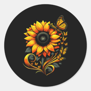 Pegatina Redonda Mariposa de girasol arte floral de la naturaleza 