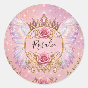 Pegatina Redonda Mariposa de hada princesa floral rosa y oro